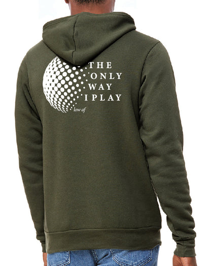 Green hoodie with text and graphic on the back, worn by a person.